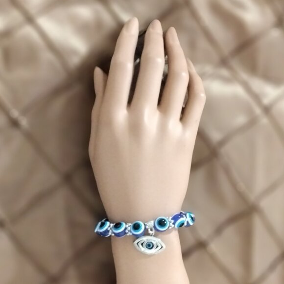 Evil Eye Blue Beaded Charm Bracelet for Protection and Blessing Stretchable Luck - Picture 14 of 16
